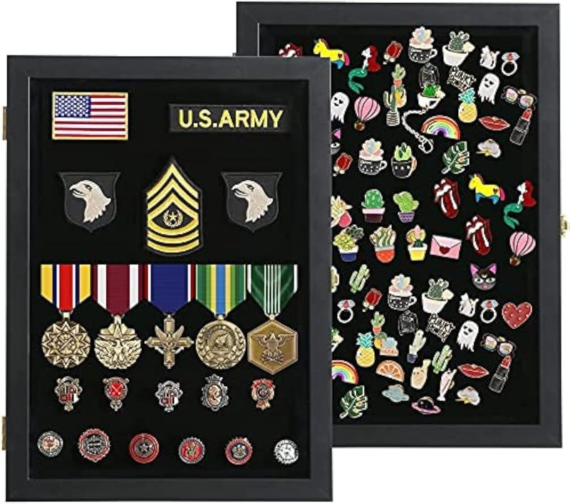 VERANI Pin Display Case - 14x19 Pin Collection Display with Uv Protection Acrylic Door for Military Medals, Beach Tags, Jewelry Pins, Pin Gift, Insignia Ribbons, Pin Enthusiast Collectibles, Black - Image 1